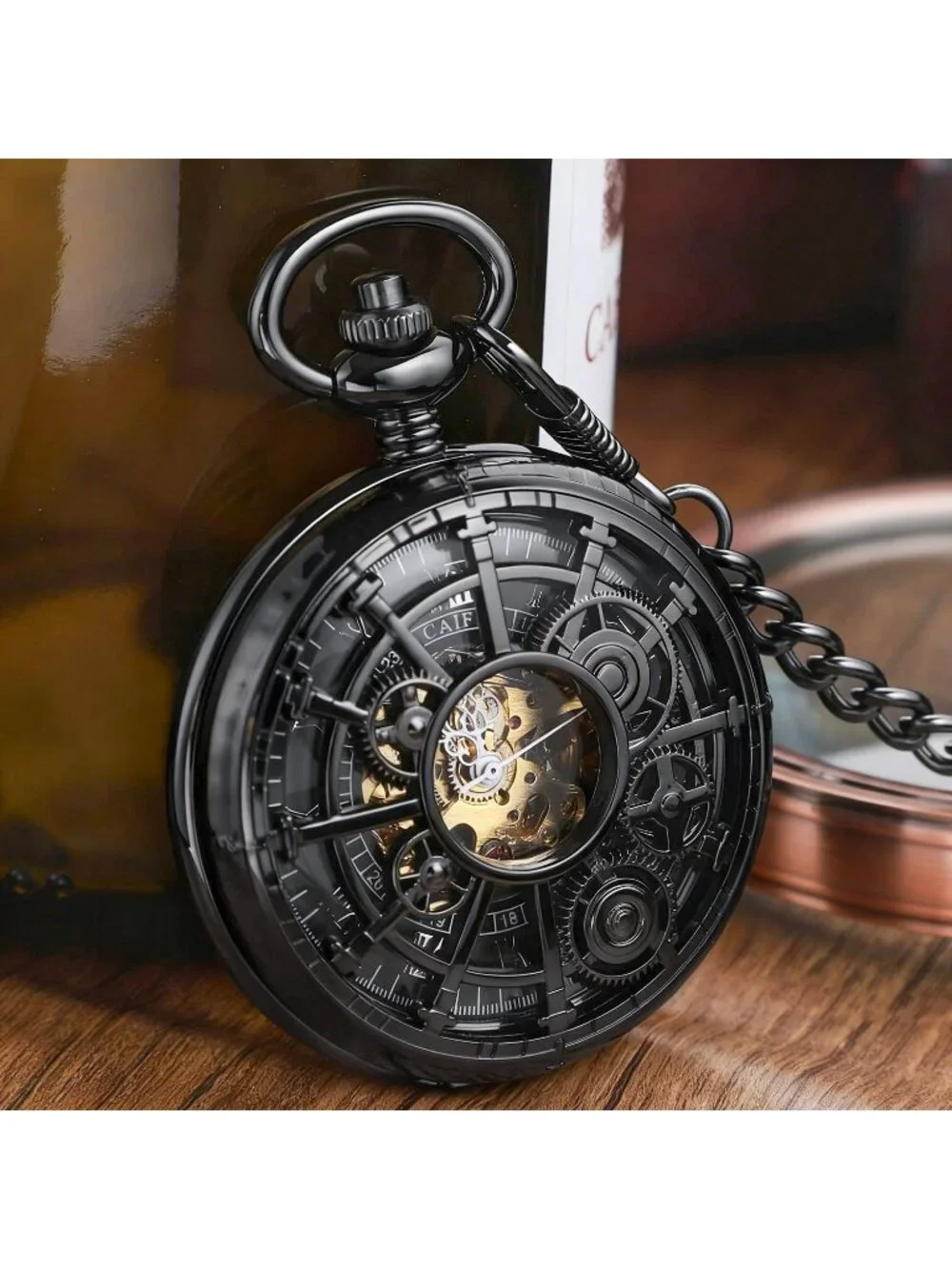 Men's All Black Vintage Style Hollow-Out Gear Arabic Mechanical Pocket Watch